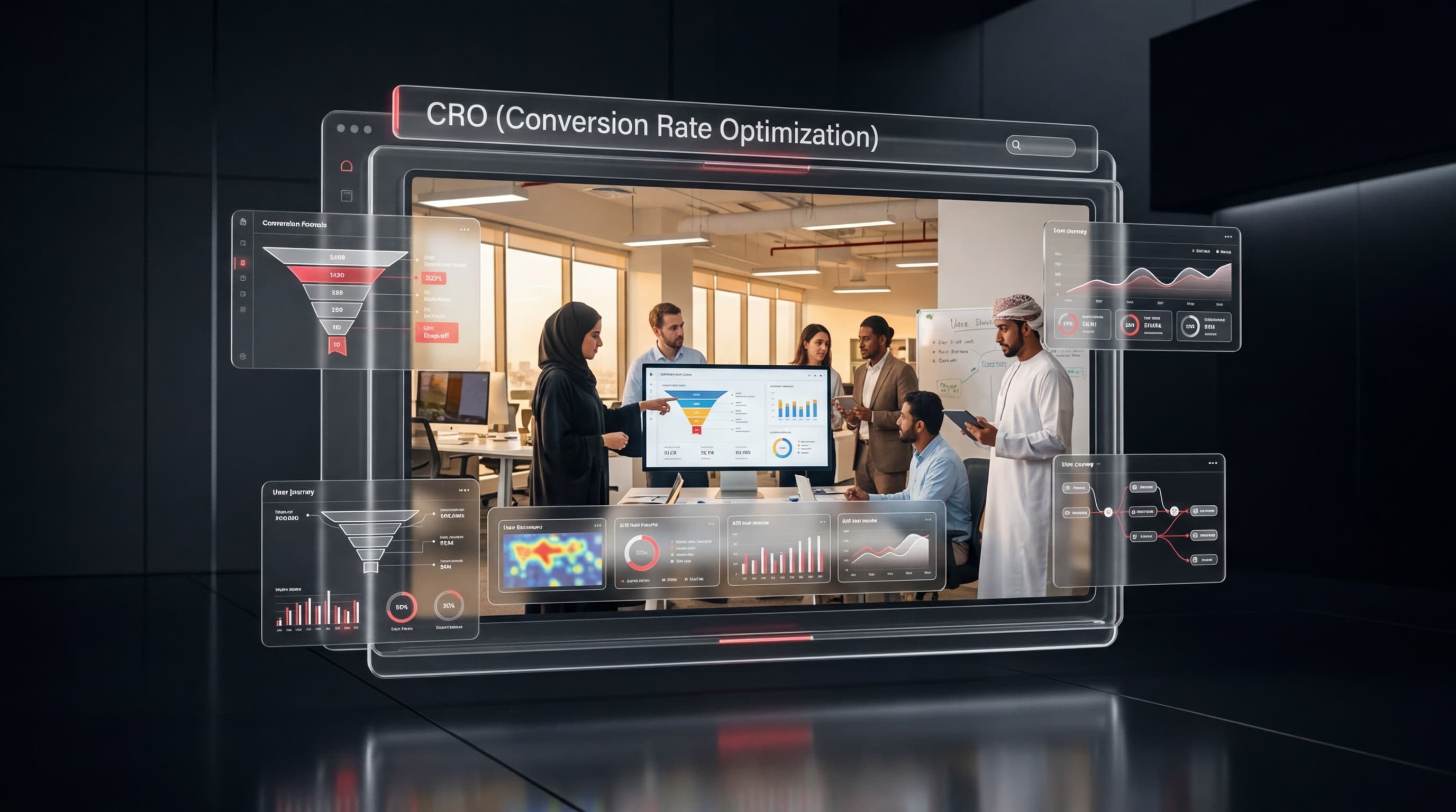 CRO (Conversion Rate Optimization) team analyzing data on a large screen.
