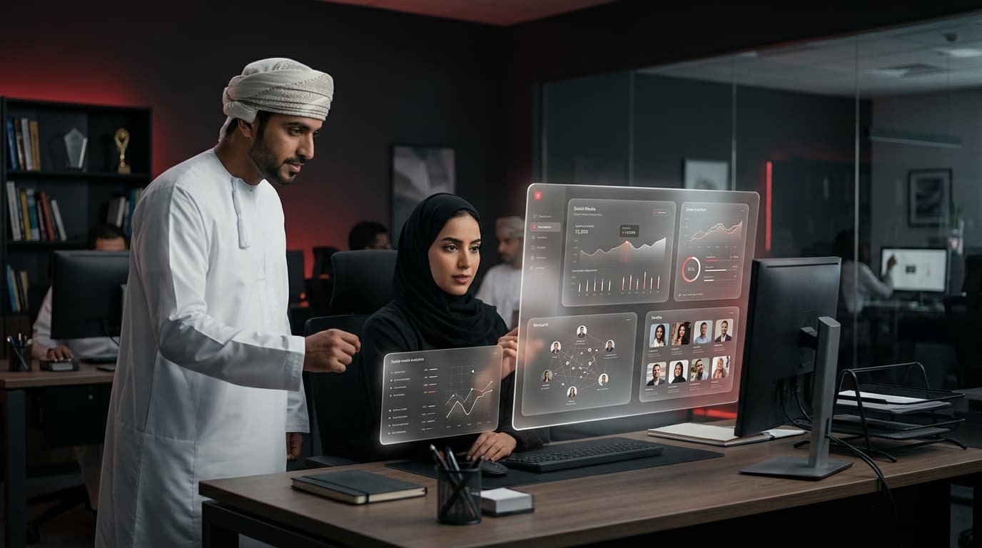 Influencer marketing strategy meeting in a modern GCC office.