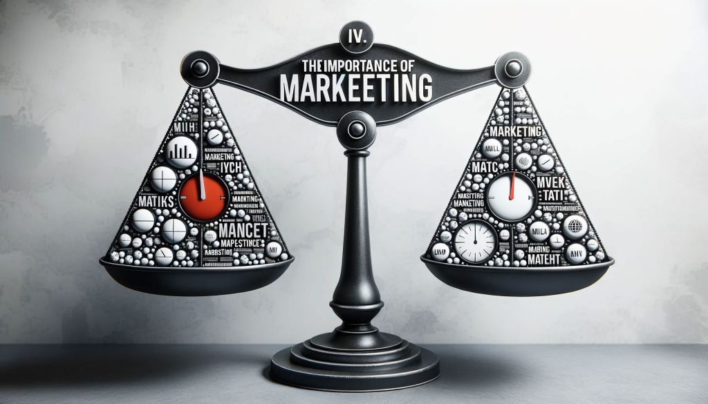 A photo emphasizing "IV. The Importance of Marketing" with a balance scale.
