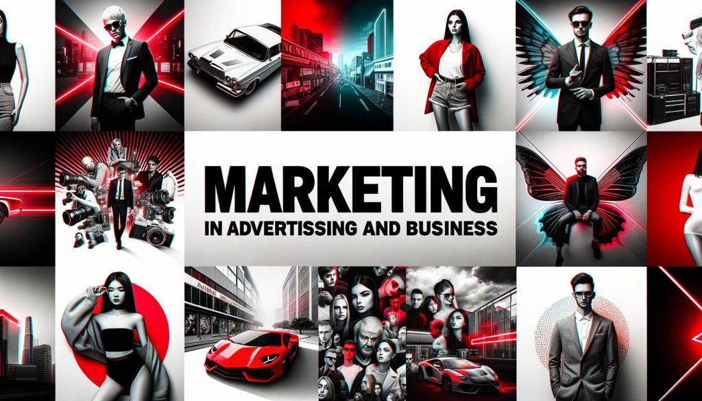 A photo collage emphasizing "Marketing in Advertising and Business"