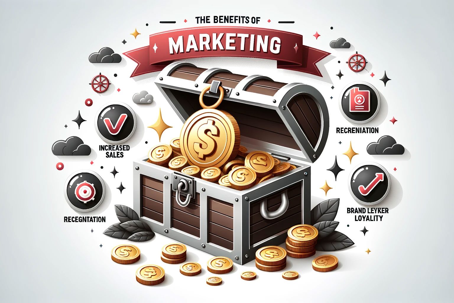 The Benefits of Marketing" with a treasure chest filled with benefits.