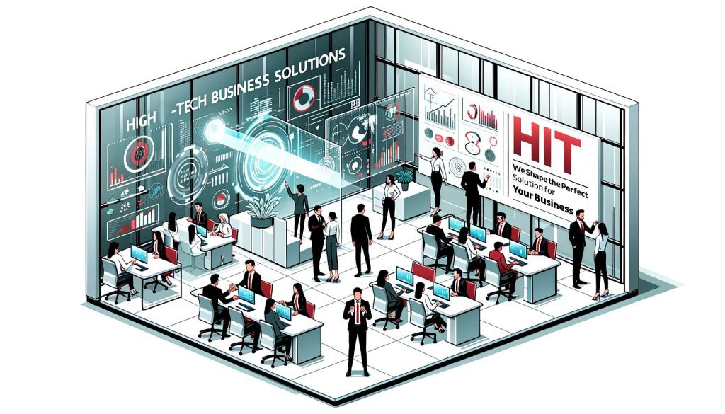 A high-tech business solutions office scene emphasizing collaboration and leveraging GITEX insights.