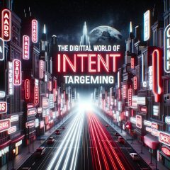 Image of a digital cityscape at night with neon signs displaying words like 'Search', 'Ads', 'Clicks', and 'Intent'. The title 'The Digital World of Intent Targeting' stands out in bold red letters against a black sky. The overall theme is cyberpunk-inspired.