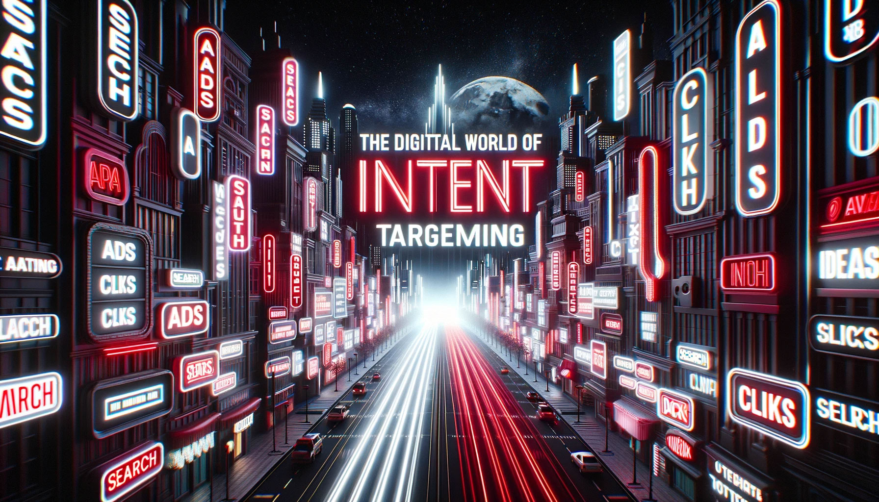 Image of a digital cityscape at night with neon signs displaying words like 'Search', 'Ads', 'Clicks', and 'Intent'. The title 'The Digital World of Intent Targeting' stands out in bold red letters against a black sky. The overall theme is cyberpunk-inspired.