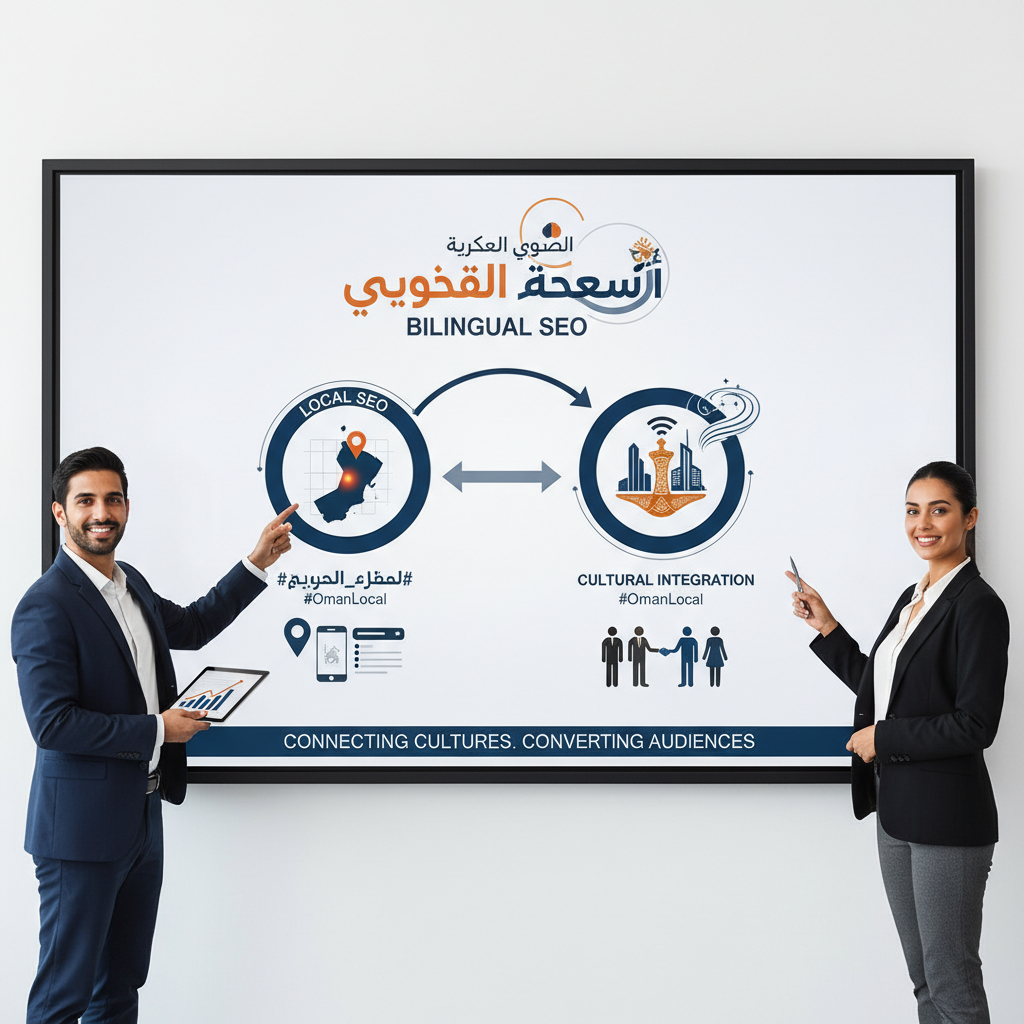 Graphic depicting the integration of Arabic and bilingual content strategy and local SEO including Arabic script, hashtags, geotags, and a blend of traditional and modern Omani cultural symbols highlighting inclusivity of locals and expatriates.