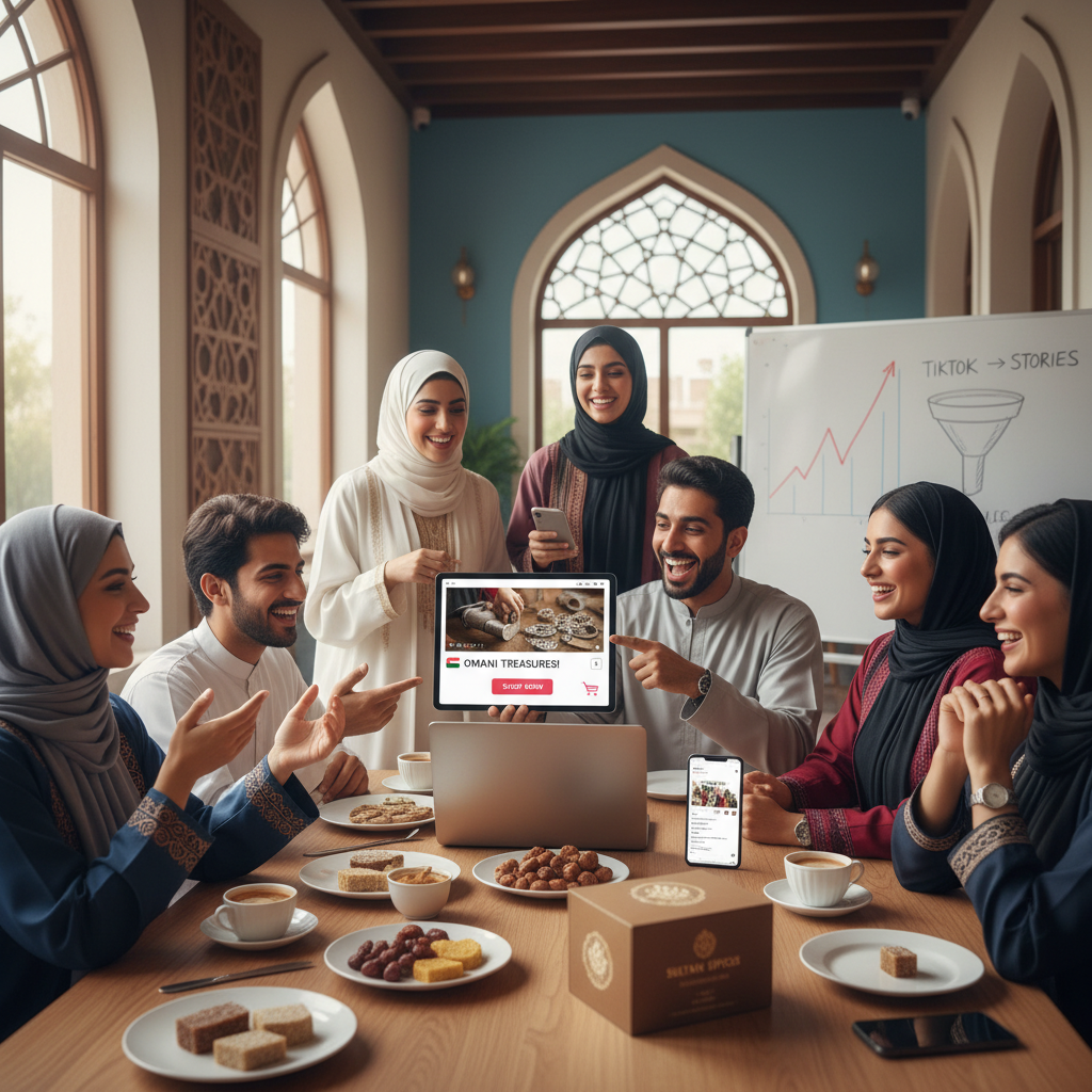 A conceptual image showcasing successful social marketing in Oman highlighting community engagement, social commerce on platforms like TikTok, local product promotion, and brand storytelling with emotional connection to Omani heritage and traditions.