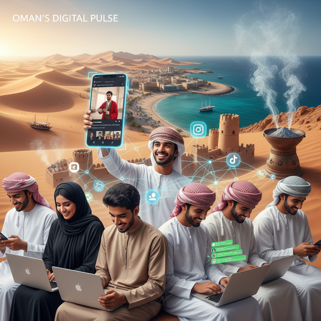 Illustration of Oman’s vibrant digital landscape showing people engaging on various social media platforms like TikTok, Instagram, and WhatsApp with prominent Omani cultural elements like frankincense and coastlines in the background.