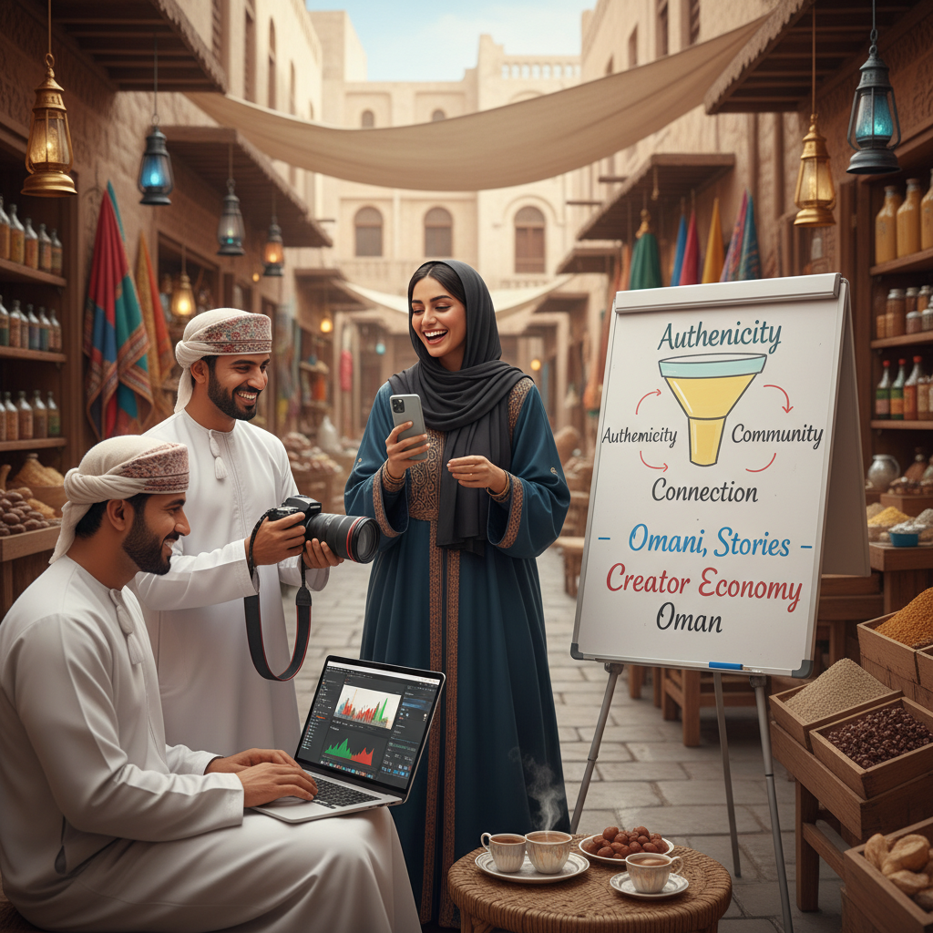 Visual representation of authentic storytelling and the creator economy in Oman featuring local influencers like Mohamed Laibu, Fathima, and Shwetha creating genuine content amidst Omani cultural scenery.